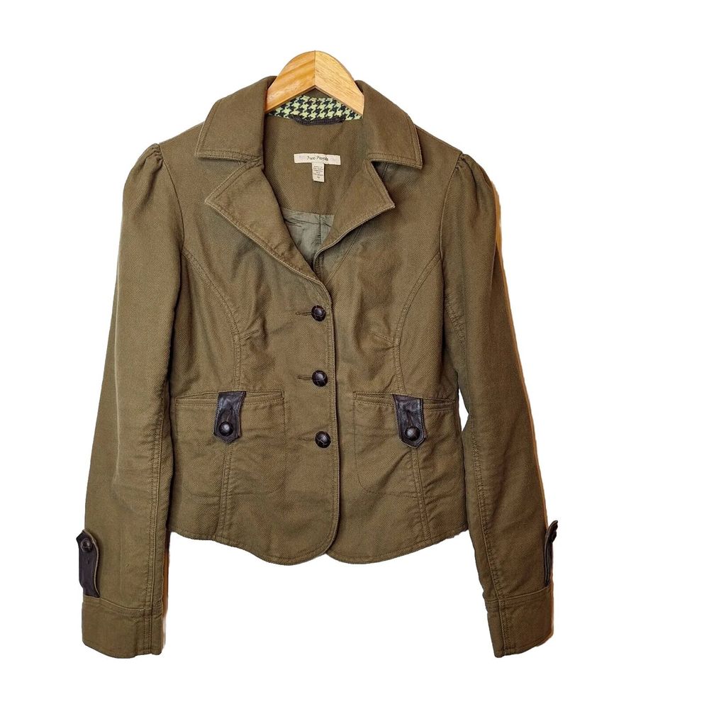 Free People Womens Sz 12 Moto Jacket Olive Army Green Military Coat Leather Trim